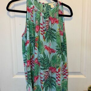 Saint Tropez West Tropical Leaf Floral Print Tank Top in Aqua, Green & Pink